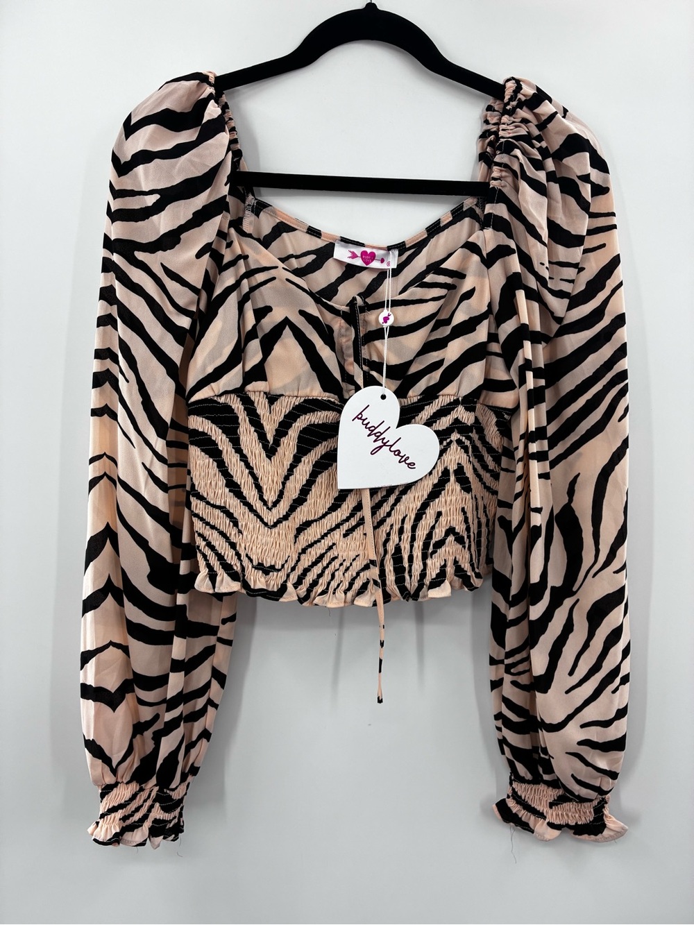 Buddy Love Beige & Black Zebra-Print Puff Sleeve Crop Top size: M